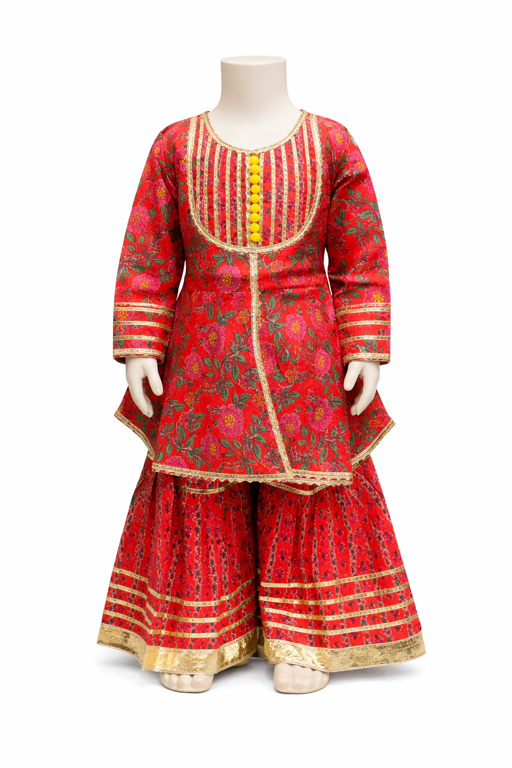 Red Cotton Floral Kurti Sharara Set