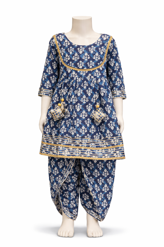 Blue White Motif Kurti with Gota Lace and Tulip Pant