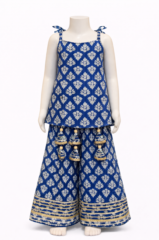 Blue White Motif Spaghetti Top and Sharara Pant