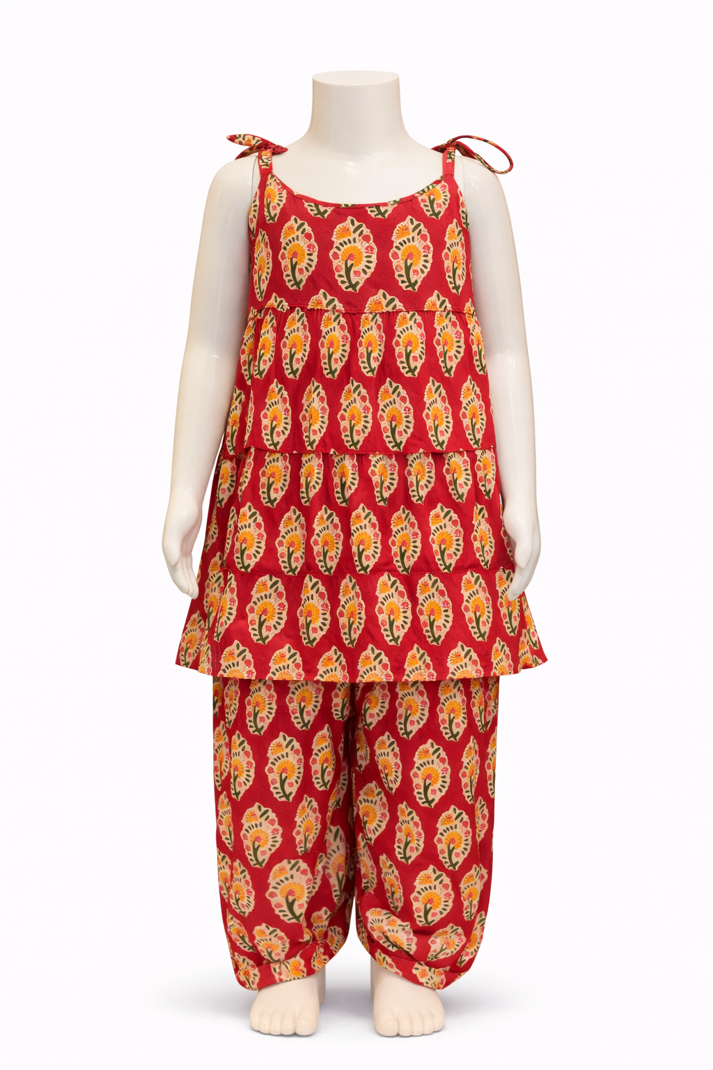 Red Flower Print Tiered Kurti with Afghan Pant