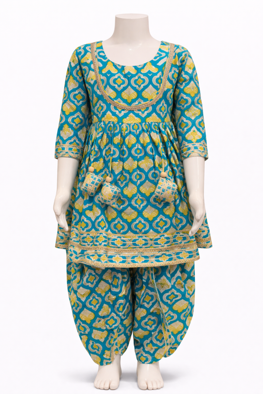 Turquoise Geometric Print Kurti with Tulip Pant