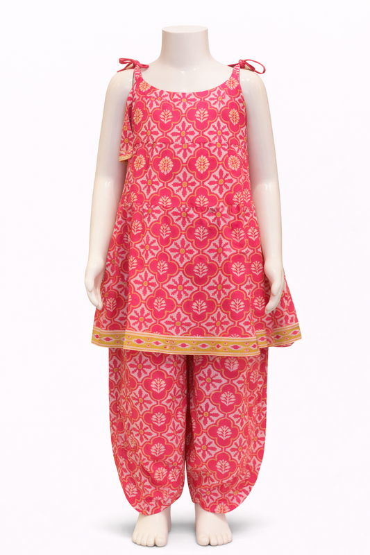 Bright Pink Motif Tiered Kurti with Afghan Pant