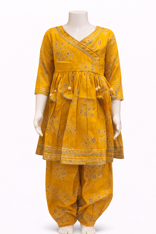 Yellow Floral Printed Muslin Kurti with Afghan Pant