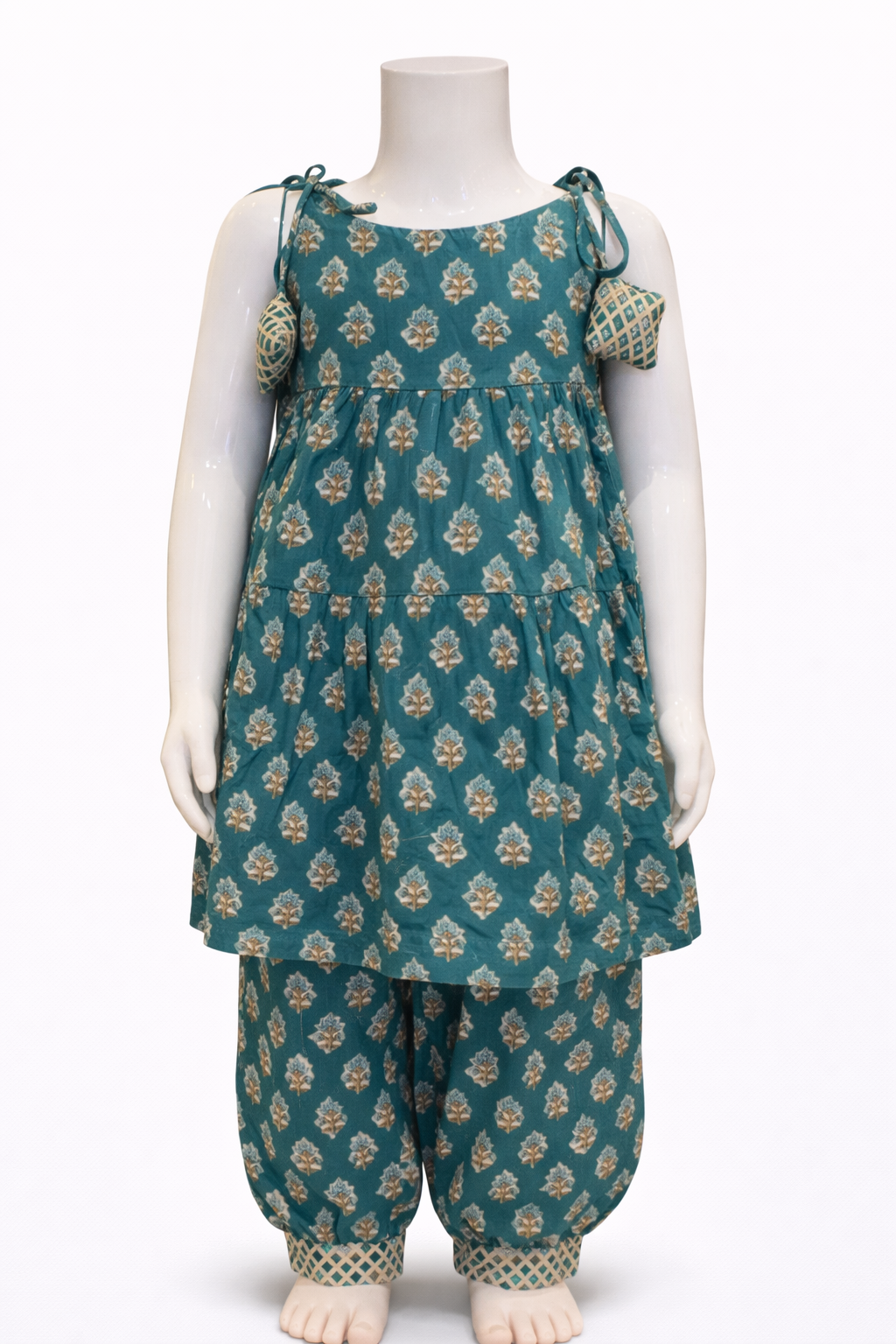 Green Flower Printed Spaghetti Top with Afghan Pant