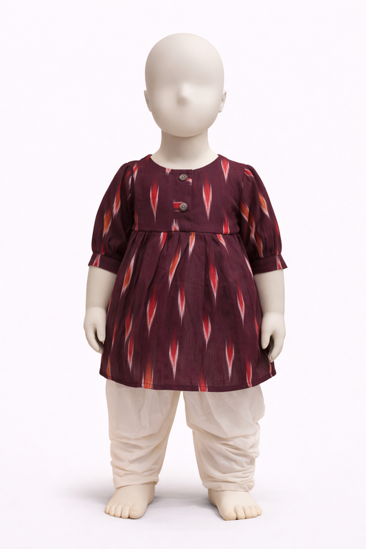 Burgundy Ikat Kurti with White Dhoti