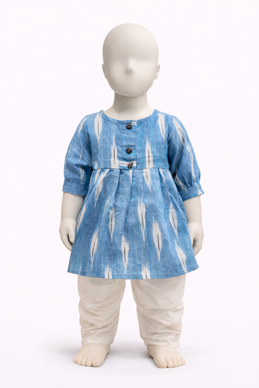 Sky Blue Ikat Kurti with Cream Dhoti