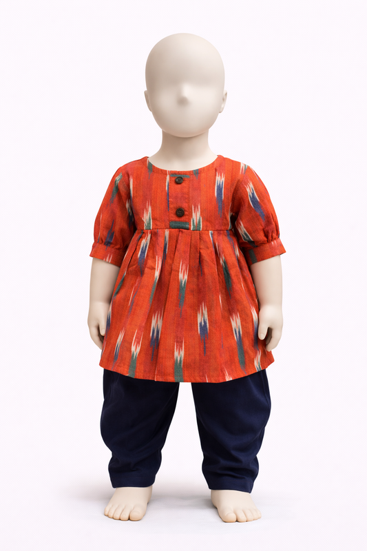 Orange Ikat Kurti with Navy Blue Dhoti