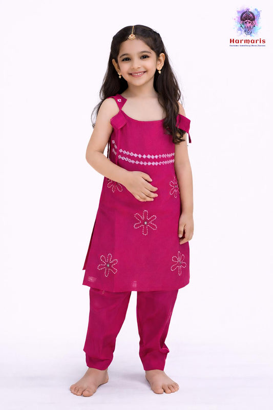 Girls Fuchsia Pink Embroidered Kurti Set with Pants