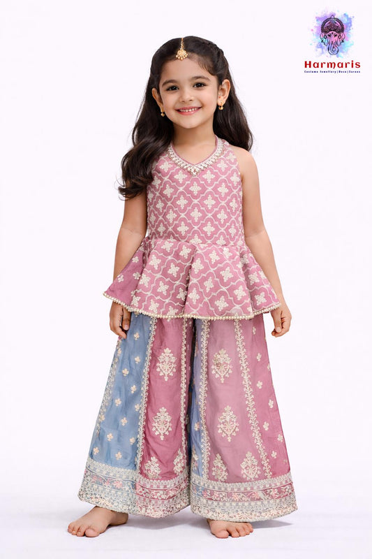 Pink & Blue Floral Peplum Palazzo