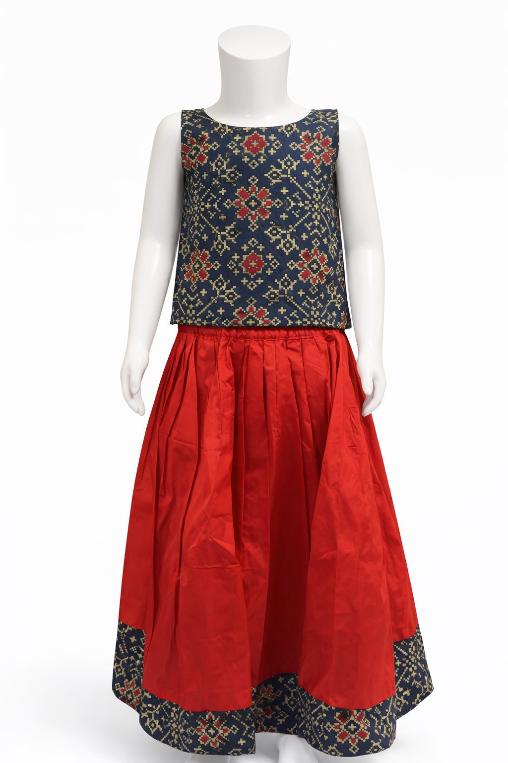 Navy Red Patola Top with Skirt
