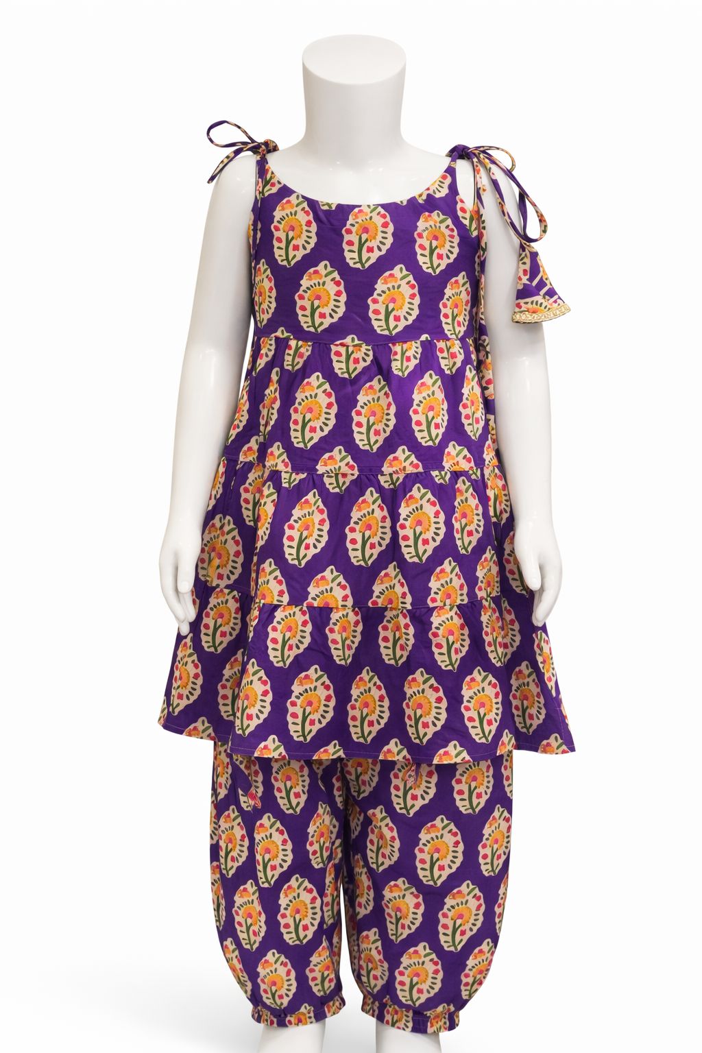 Purple Flower Print Tiered Kurti with Afghan Pant