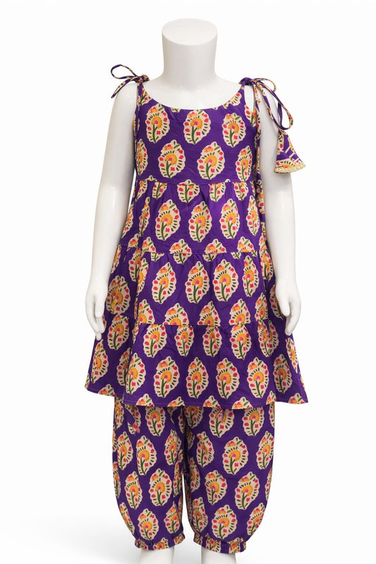 Purple Flower Print Tiered Kurti with Afghan Pant