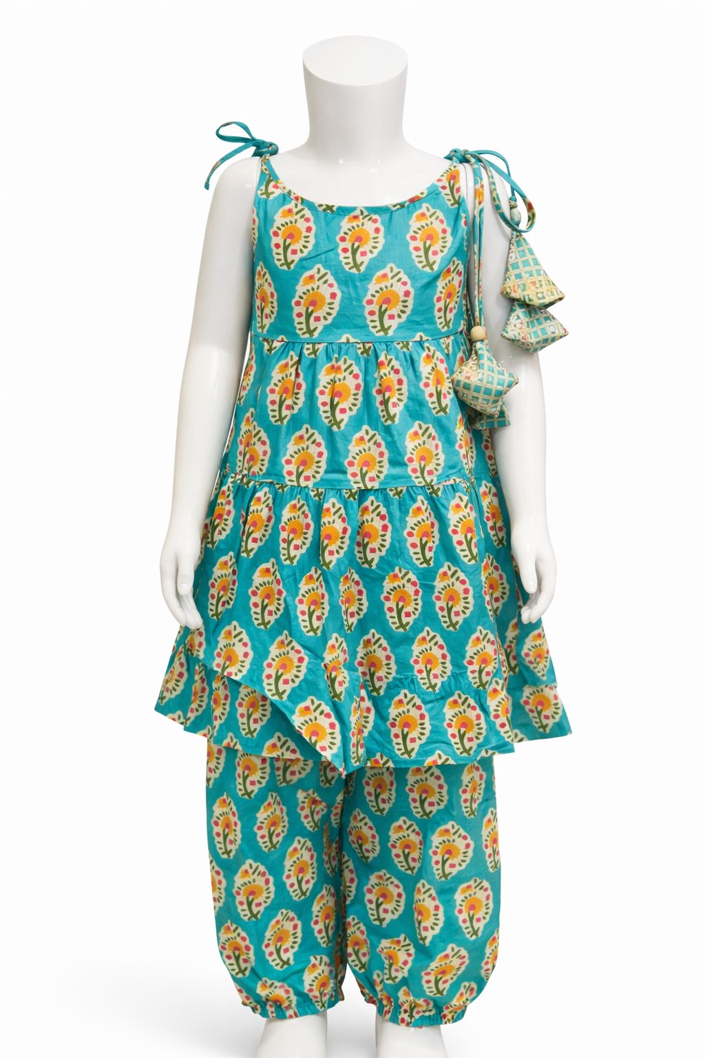 Turquoise Flower Print Tiered Kurti with Afghan Pant