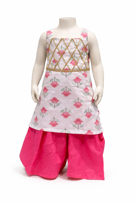 White Floral Top with Pink Sharara Set