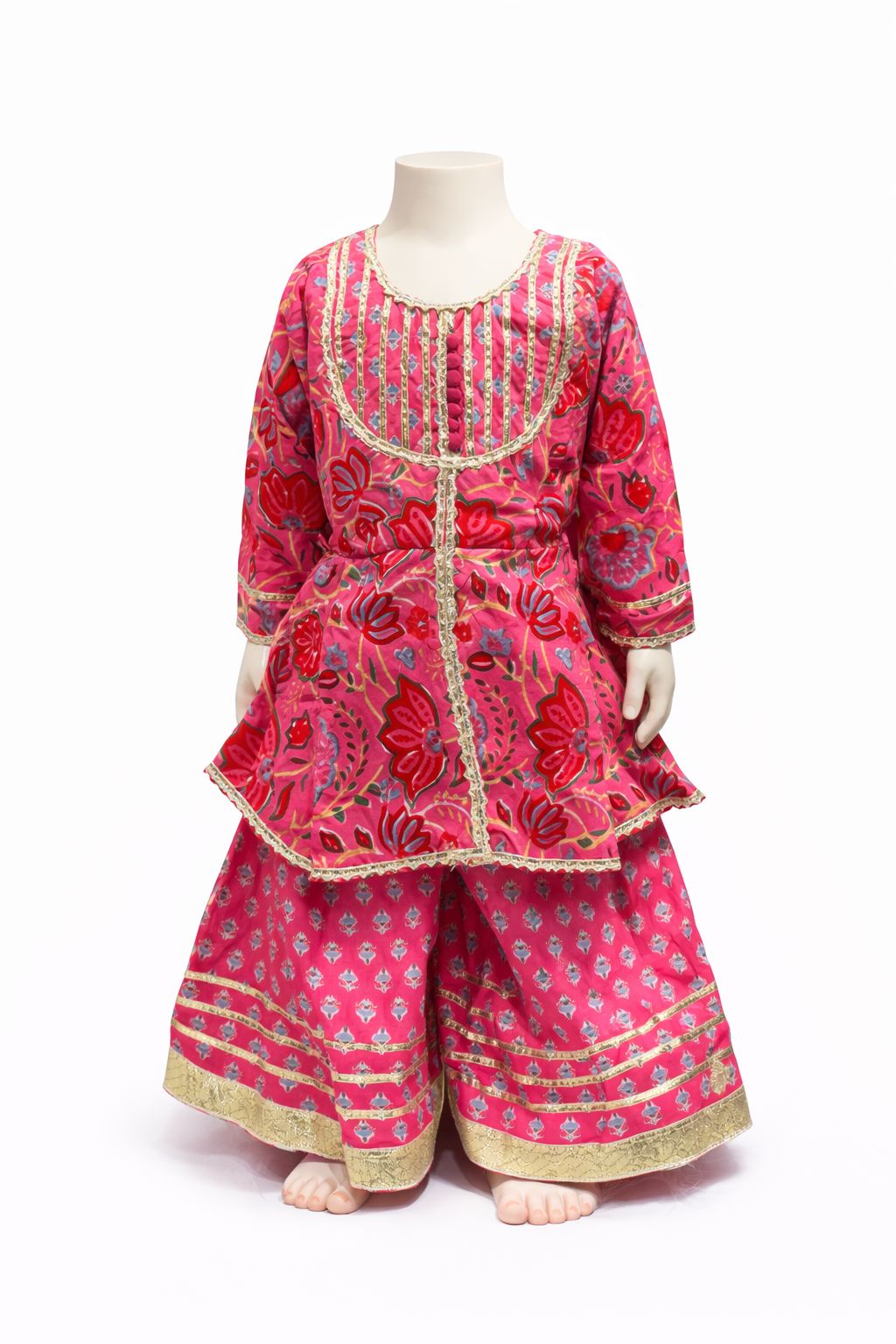 Pink Cotton Floral Kurti Sharara Set