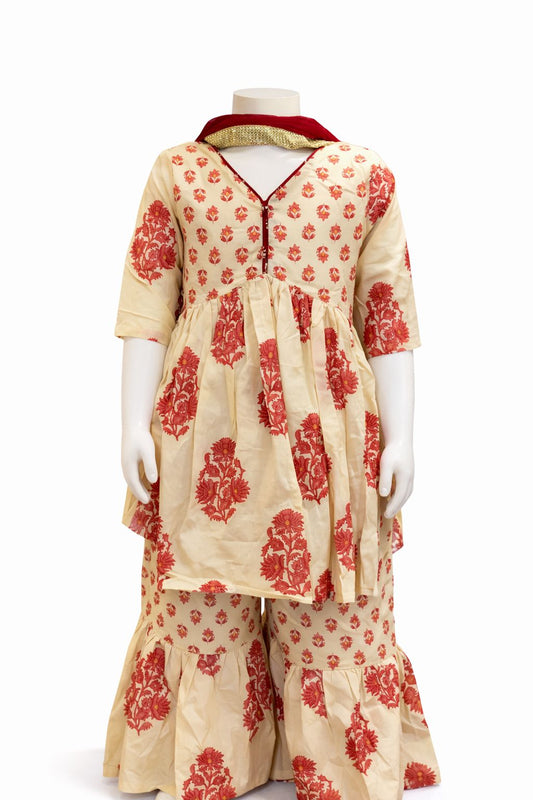 Cream with Maroon Buti & Floral Print Sharara Set