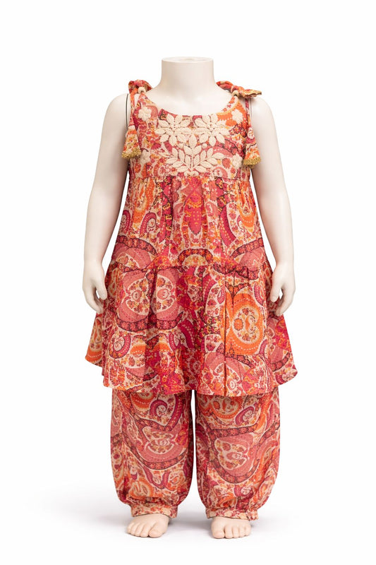 Pink Orange Paisley Kurti with Embroidery with Afghan Pant