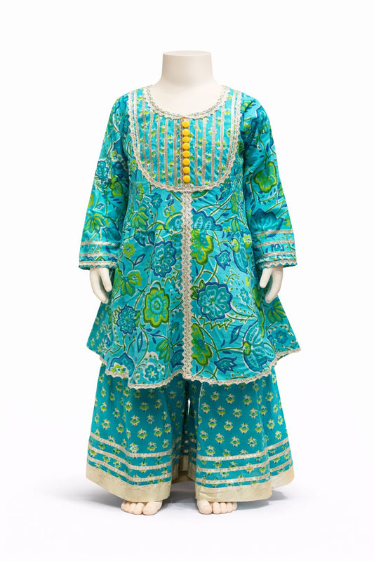 Aqua Cotton Floral Kurti Sharara Set