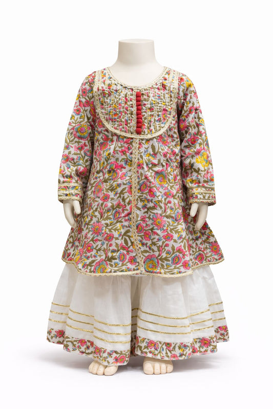 Multi Colour Cotton Floral Kurti Sharara Set