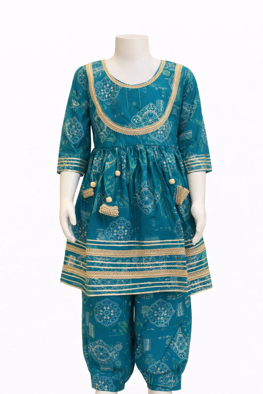 Teal Kolam Printed Muslin Kurti with Afgan Pant