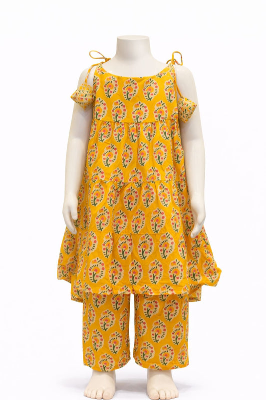 Yellow Flower Print Tiered Kurti with Afghan Pant