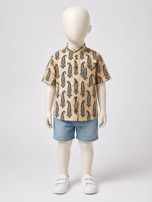 Camel Black Paisley Print Kurta Shirt