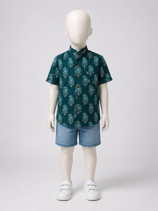 Teal Paisley Print Kurta Shirt