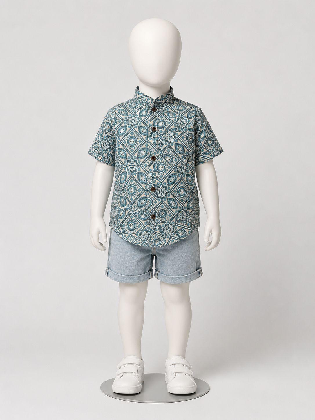 Aqua Geometric Print Kurta Shirt