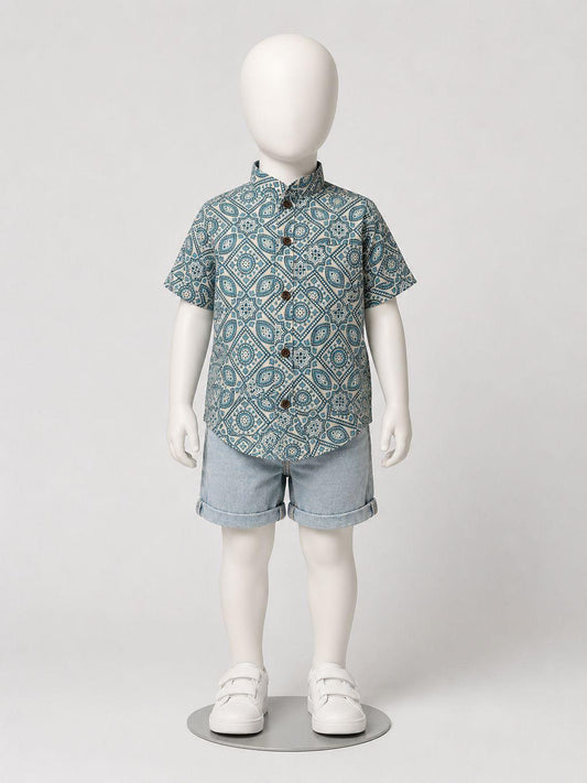 Aqua Geometric Print Kurta Shirt