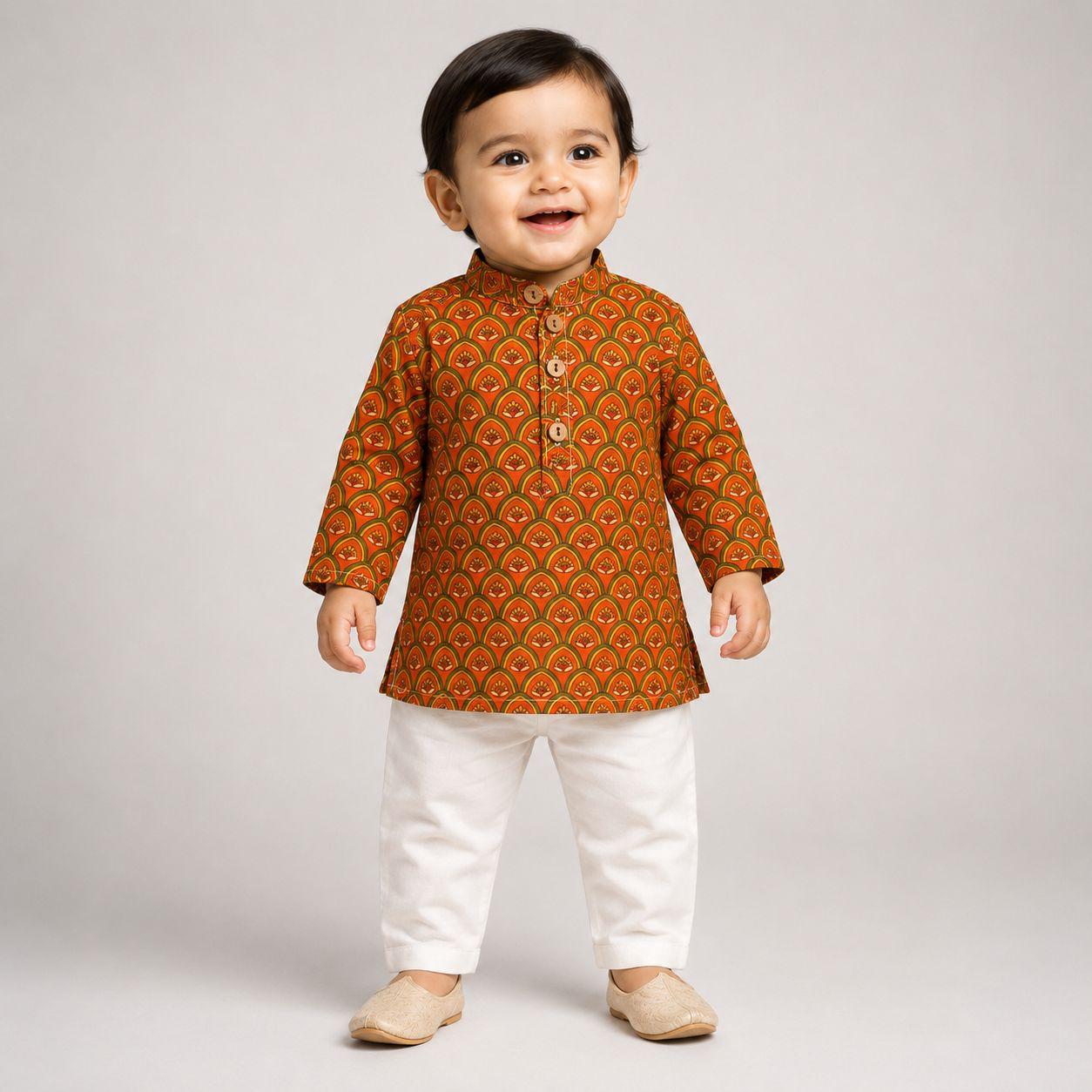 Orange Scallop Bloom Kurta with Pants Family Combo