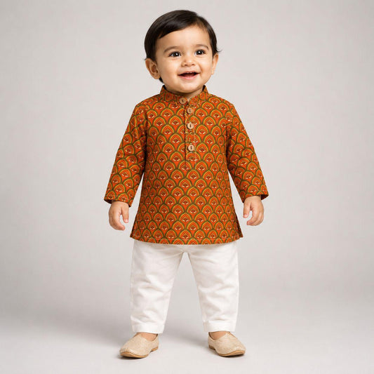 Orange Scallop Bloom Kurta with Pants Family Combo