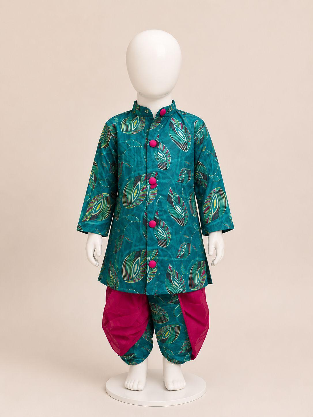 Teal Magenta Feather Muslin Print Kurta Dhoti Set