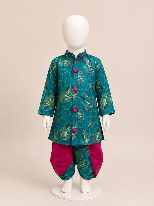 Teal Magenta Feather Muslin Print Kurta Dhoti Set