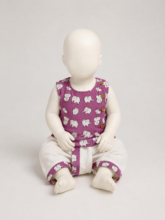 Lavender Elephant Print Cotton Dhoti Set