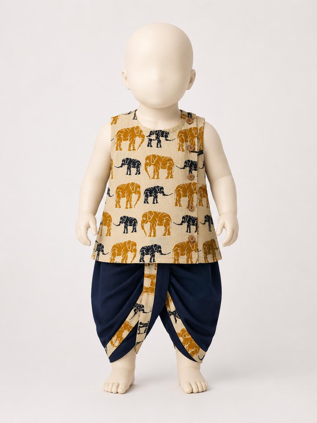 Cream & Gold Elephant Print Cotton Dhoti Set