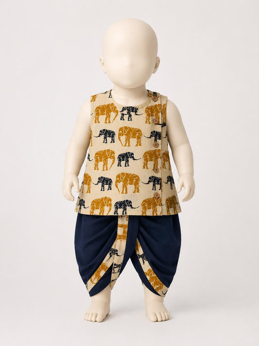 Cream & Gold Elephant Print Cotton Dhoti Set