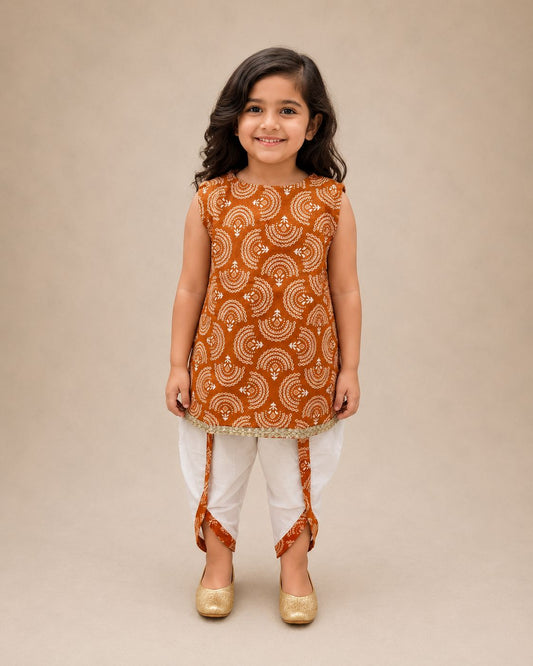 Terracotta Fan Buti A-line Halter Kurti with Dhoti Pants Family Combo  uhh