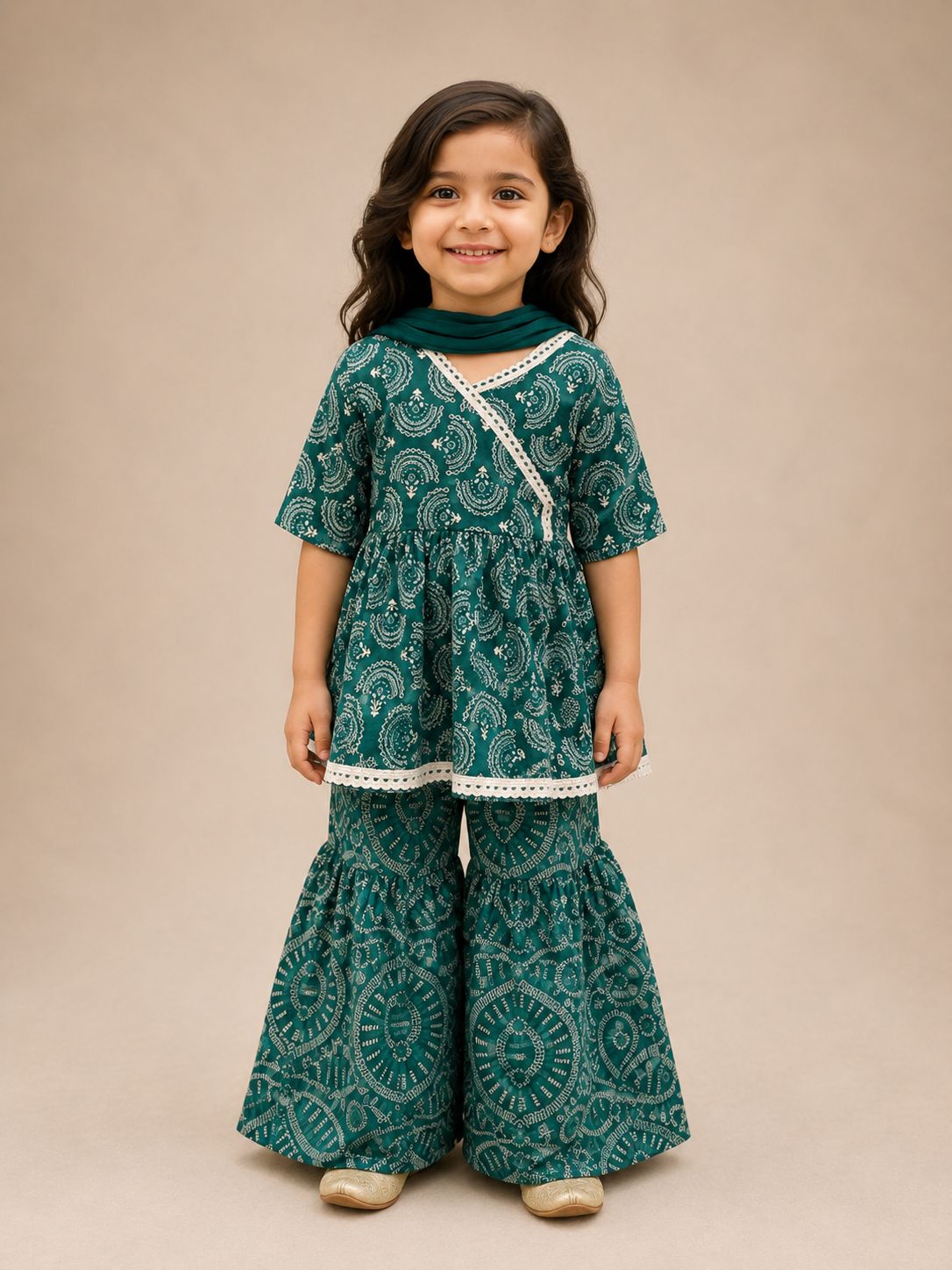 Teal Fan Buti Kurti with Gharara Pants Family Combo