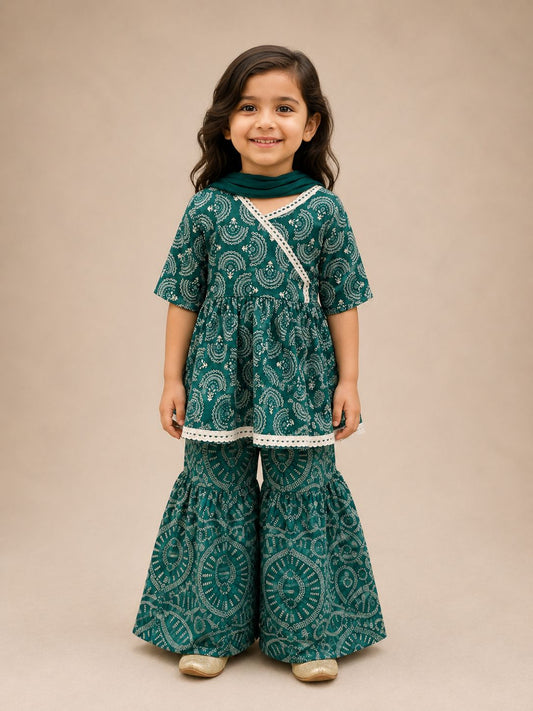 Teal Fan Buti Kurti with Gharara Pants Family Combo