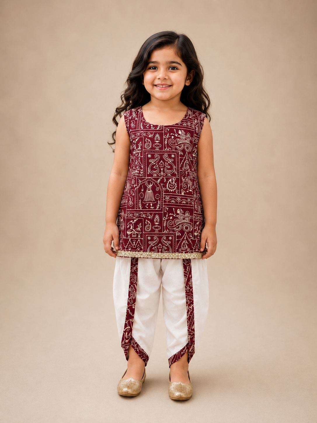Maroon Rangoli Tales A-line Halter Kurti with Dhoti Pants Family Combo