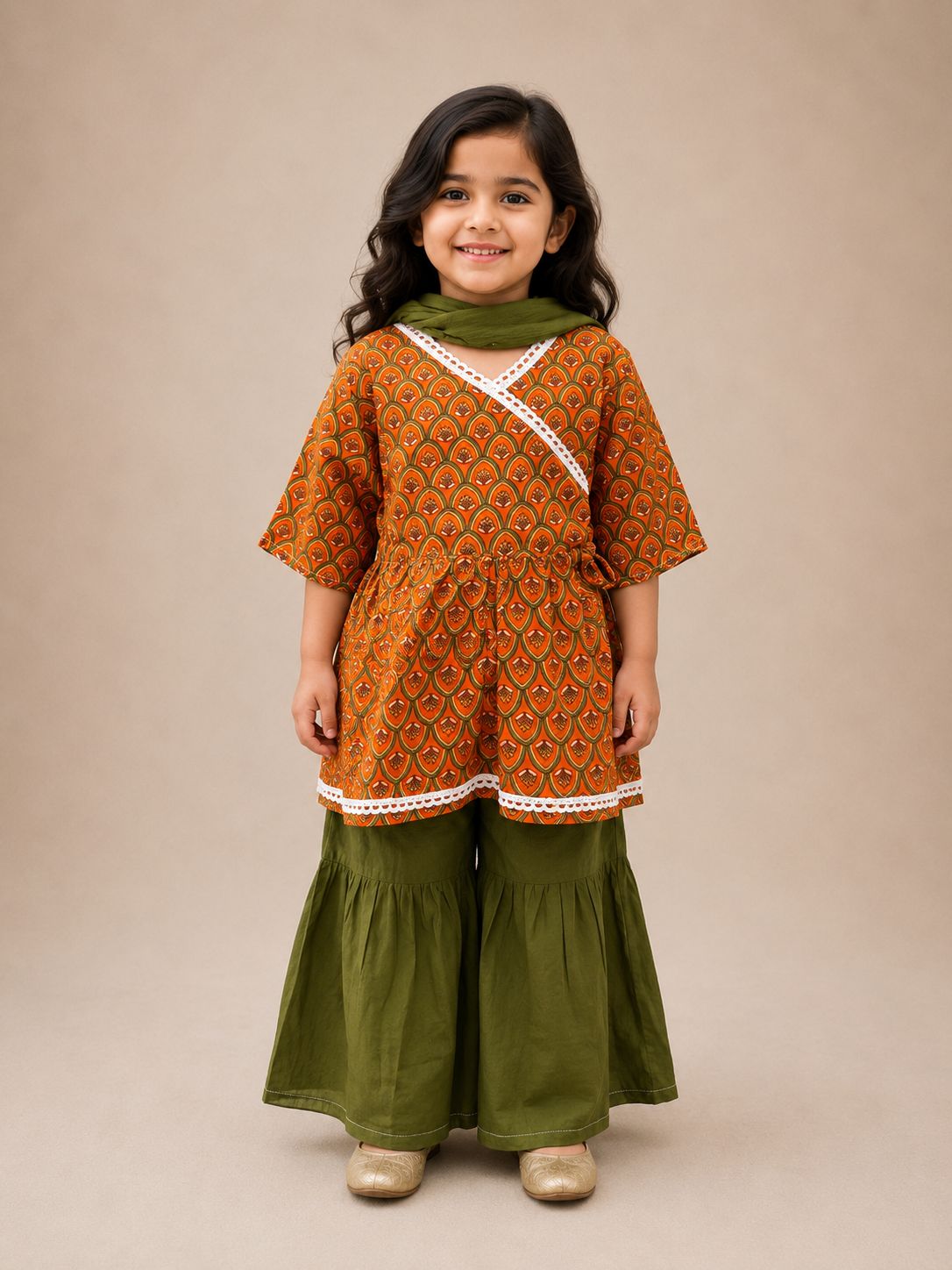 Orange Scallop Bloom Kurti with Gharara Pants Family Combo