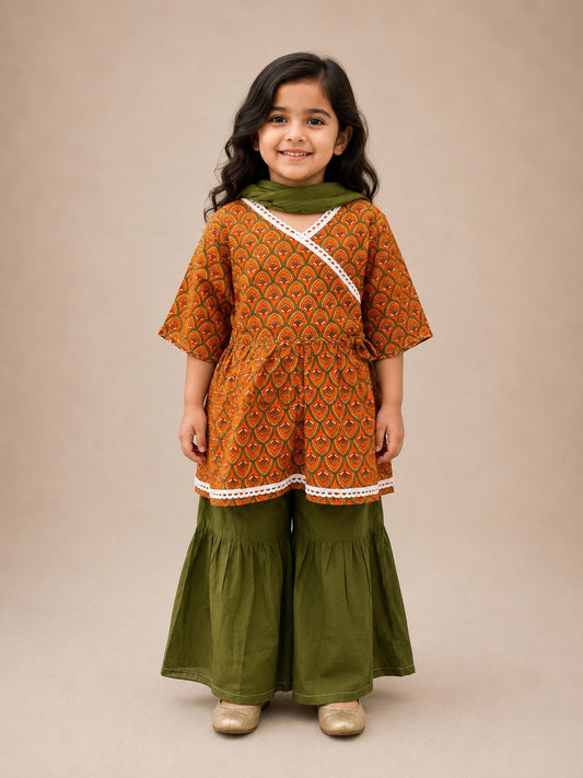 Orange Scallop Bloom Kurti with Gharara Pants Family Combo