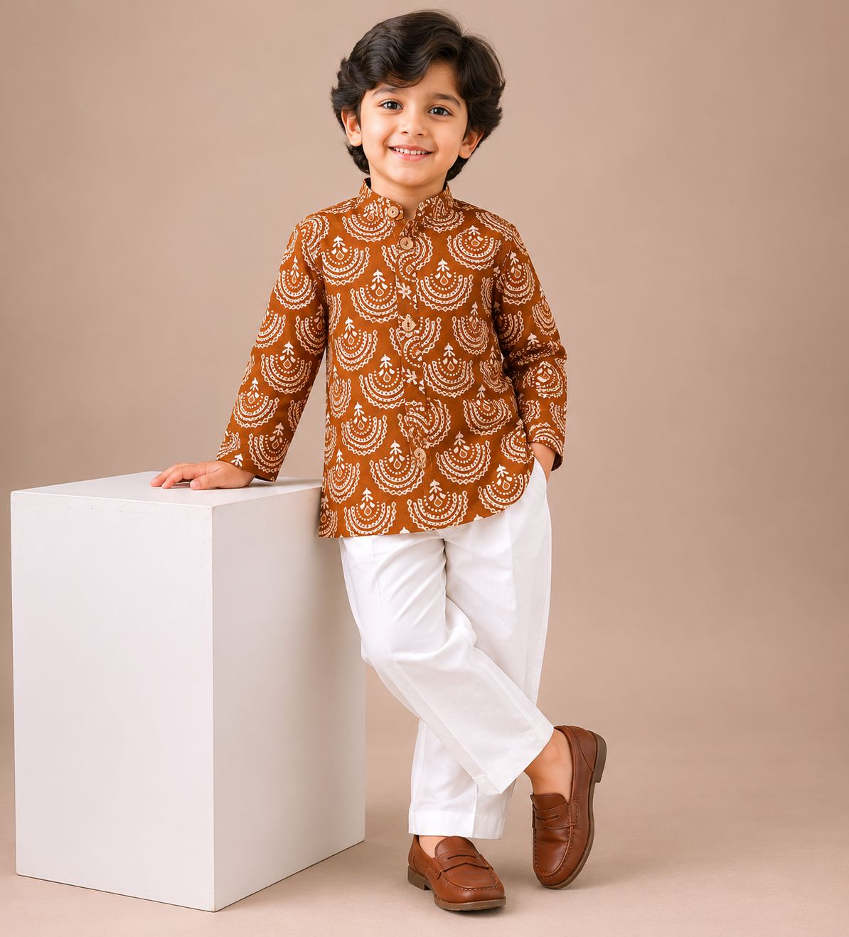 Terracotta Fan Buti Kurta with Pants Family Combo