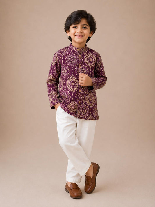 Plum Mughal Tiles Kurta with Pants Family Combo
