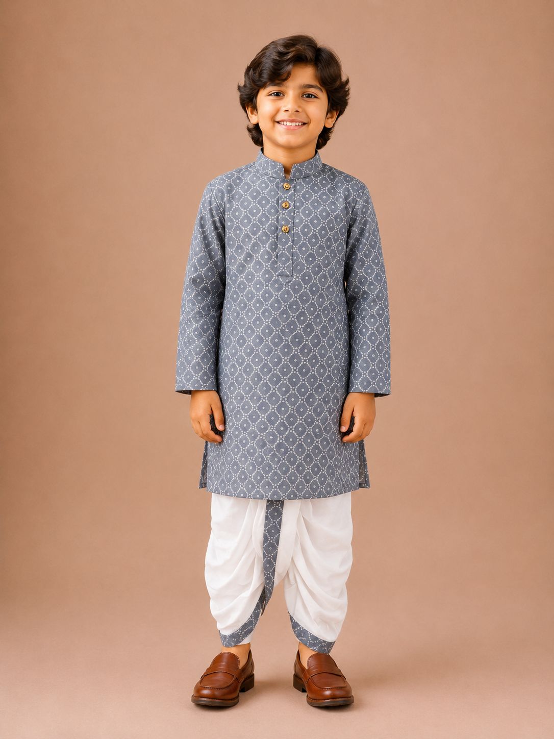 Grey Diamond Print Kurta with Dhoti Set