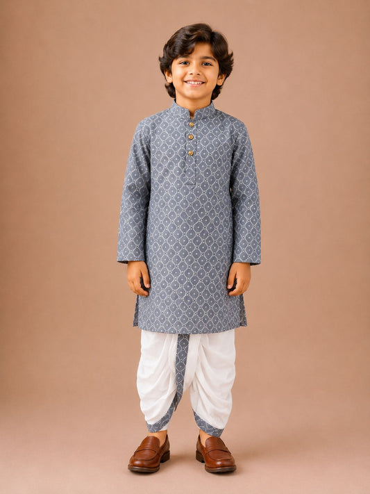 Grey Diamond Print Kurta with Dhoti Set