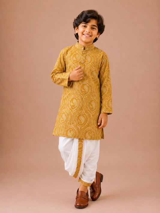 Mustard Yellow Paisley Print Kurta with Dhoti Set