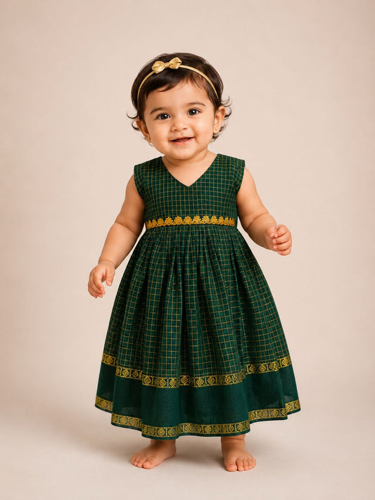 Dark Emerald Green with Gold Checks & Zari Border