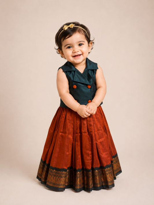 Orange & Green Gadwal Skirt & Top
