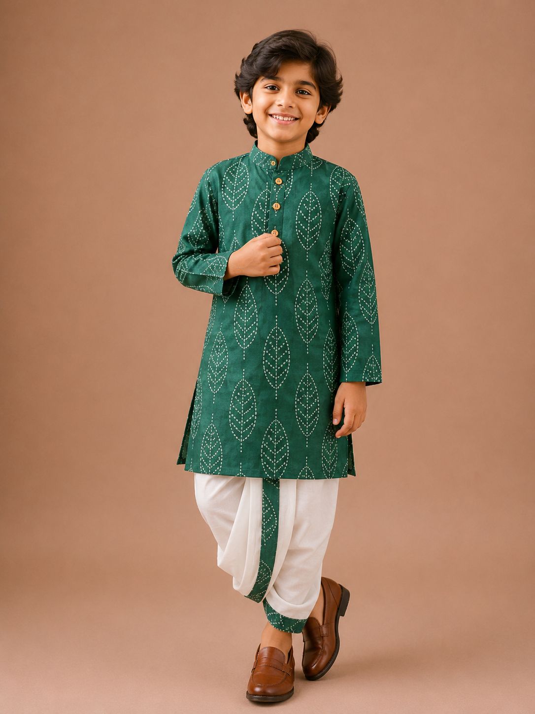 Teal Bandhani Leaf Print Kurta with Dhoti Set